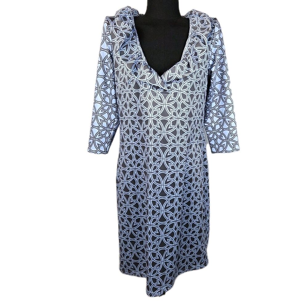 Gretchen Scott Jersey Ruffneck Dress Women Size M Geometric Blue Stand Up Collar